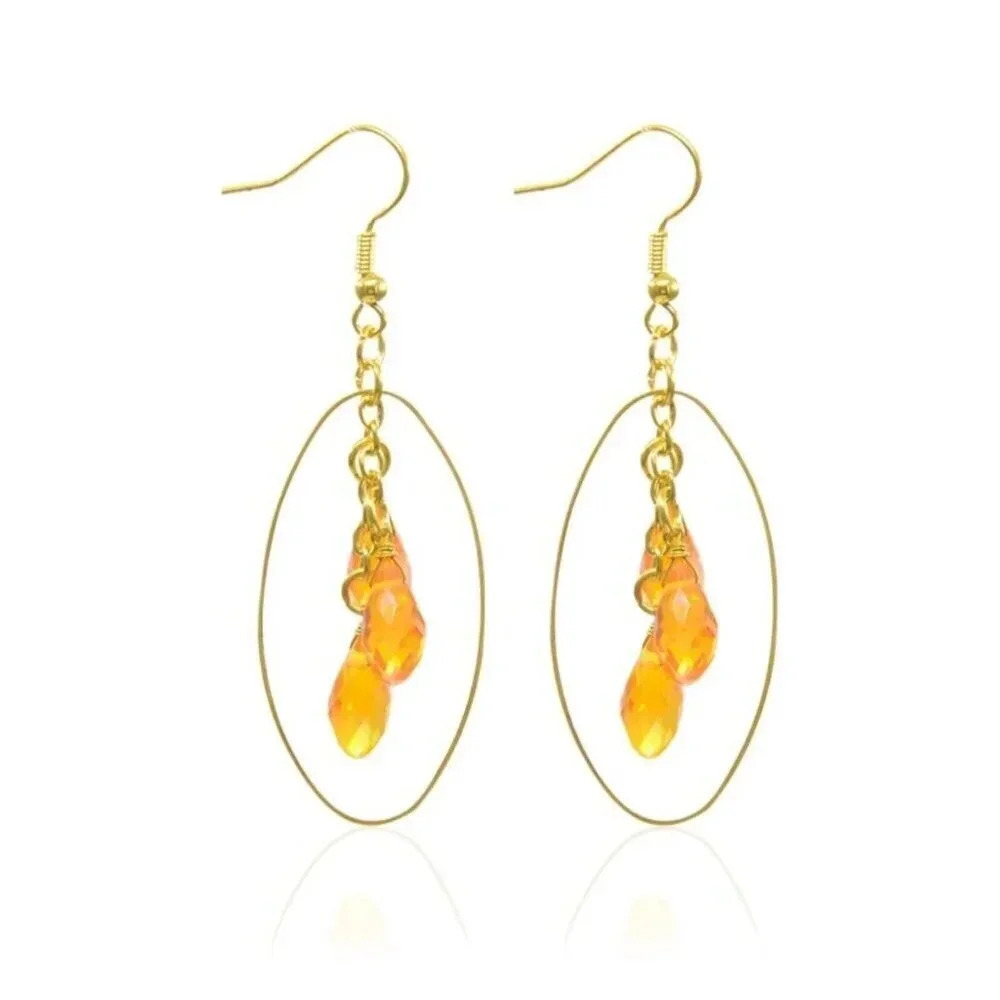 Handmade Pale Orange Crystal Briolette Wire Wrap Gold 14K Plated Dangle Earrings